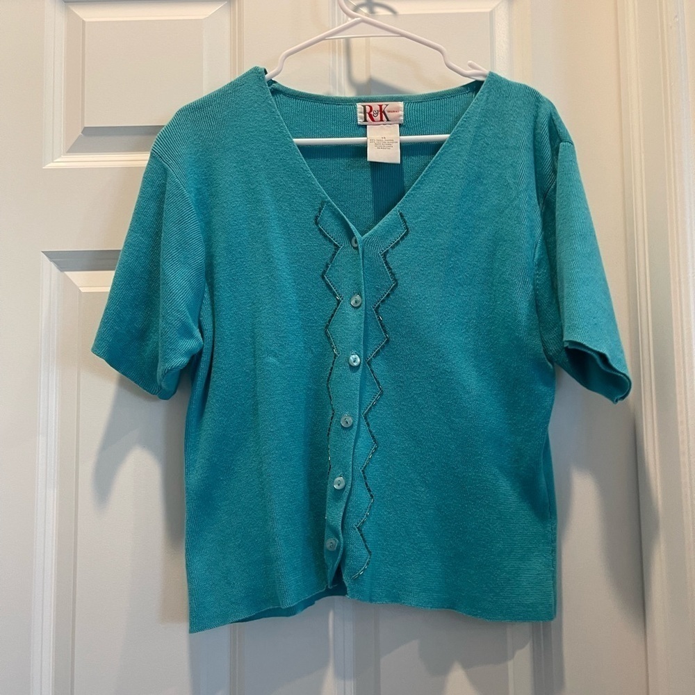 R&K 90’s Embroidered Short Sleeve Blue Cardigan 14